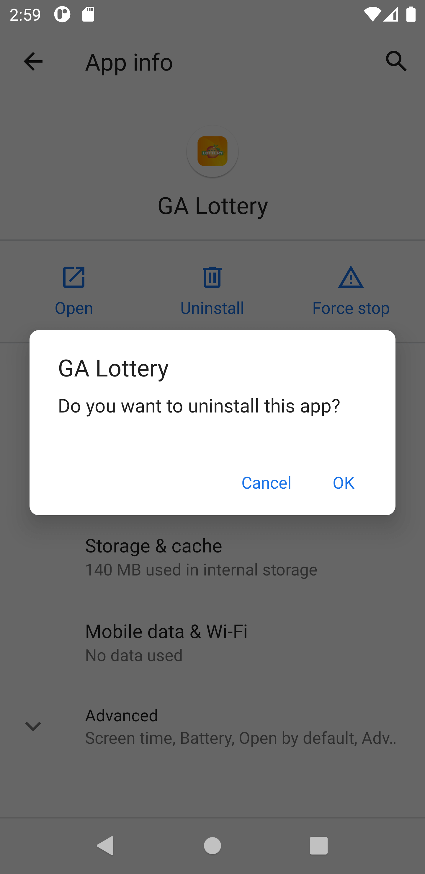 uninstall ga lottery app from app info menu